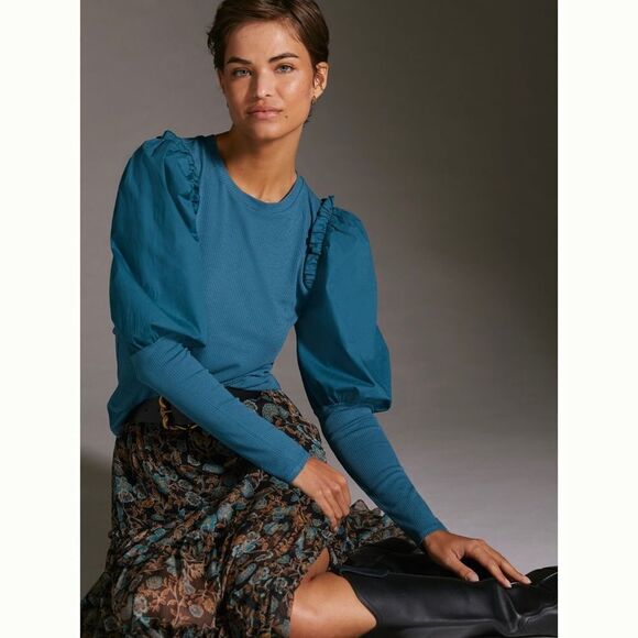 Anthropologie Ruffled Contrast Top | Size: XS Petite | Color: Turquoise - Picture 1 of 6